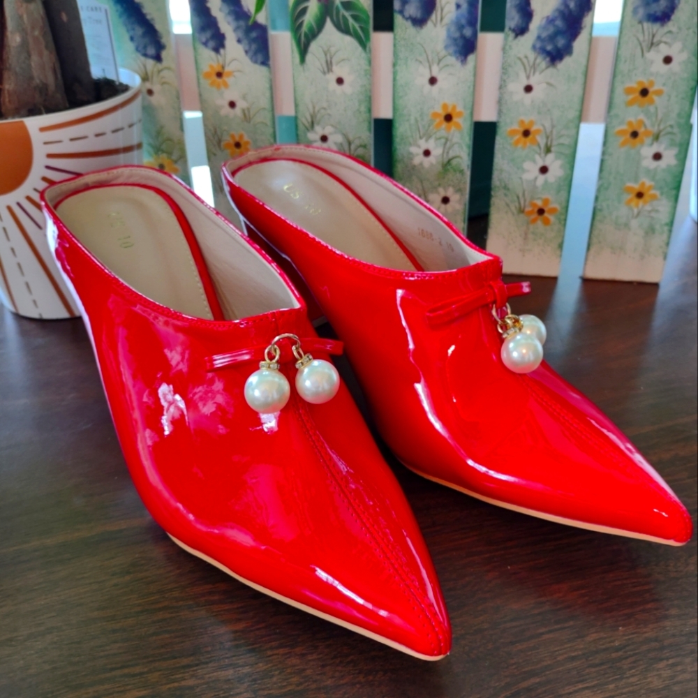 Elegant Red Women's Mules with Pearl Detail